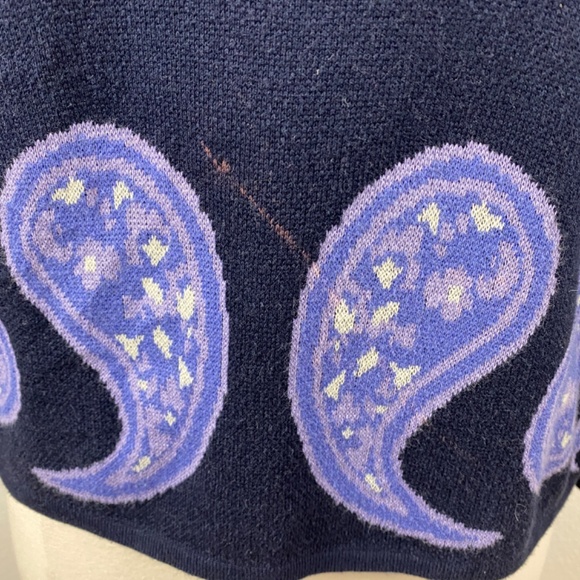 Vintage 80s Knit Cardigan Large Open Pappagallo Dark Blue Purple Beaded Paisley - Picture 6 of 9